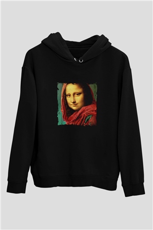 Mona Lisa Baskılı Unisex Siyah Hoodie