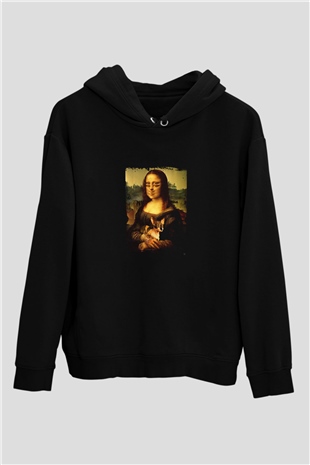 Mona Lisa Baskılı Unisex Siyah Hoodie