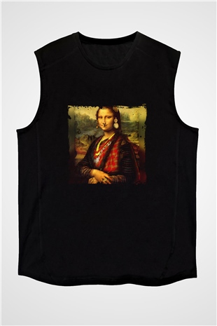 Mona Lisa Baskılı Unisex Siyah Kolsuz Tişört