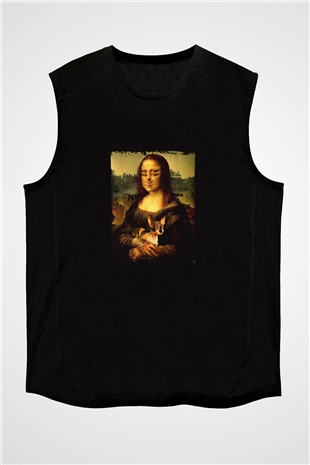Mona Lisa Baskılı Unisex Siyah Kolsuz Tişört