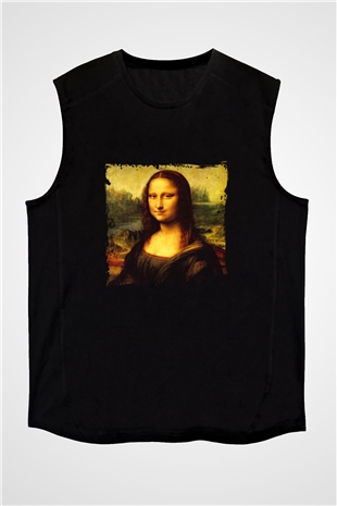 Mona Lisa Baskılı Unisex Siyah Kolsuz Tişört