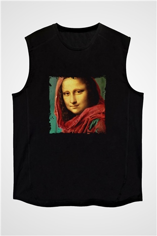 Mona Lisa Baskılı Unisex Siyah Kolsuz Tişört