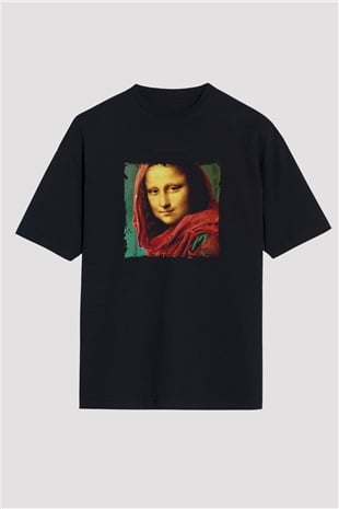 Mona Lisa Baskılı Unisex Siyah Oversize Tişört