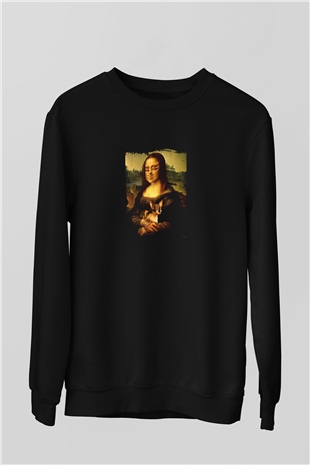 Mona Lisa Baskılı Unisex Siyah Sweatshirt