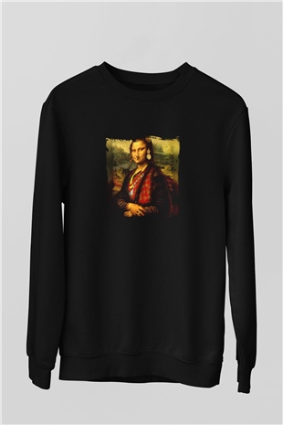 Mona Lisa Baskılı Unisex Siyah Sweatshirt