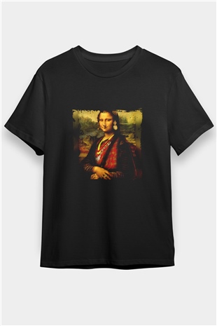 Mona Lisa Baskılı Unisex Siyah Tişört