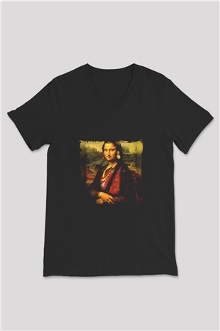 Mona Lisa Baskılı Unisex Siyah V Yaka Tişört