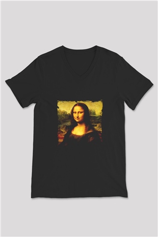 Mona Lisa Baskılı Unisex Siyah V Yaka Tişört