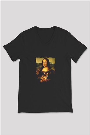 Mona Lisa Baskılı Unisex Siyah V Yaka Tişört