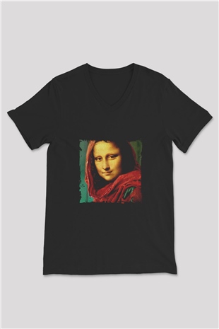 Mona Lisa Baskılı Unisex Siyah V Yaka Tişört
