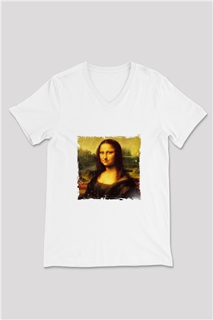 Mona Lisa Baskılı V Yaka Unisex Beyaz Tişört