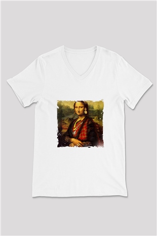 Mona Lisa Baskılı V Yaka Unisex Beyaz Tişört