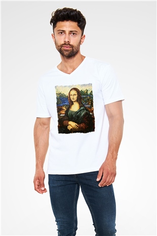 Mona Lisa Beyaz Unisex V Yaka Tişört