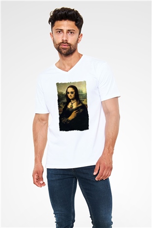 Mona Lisa Beyaz Unisex V Yaka Tişört