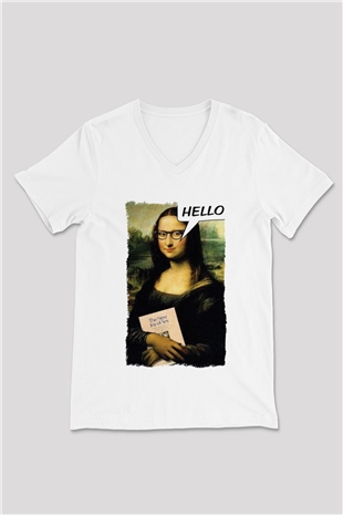 Mona Lisa Beyaz Unisex V Yaka Tişört