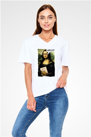Mona Lisa Beyaz Unisex V Yaka Tişört