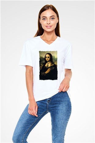 Mona Lisa Beyaz Unisex V Yaka Tişört