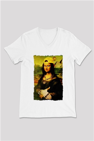 Mona Lisa Beyaz Unisex V Yaka Tişört