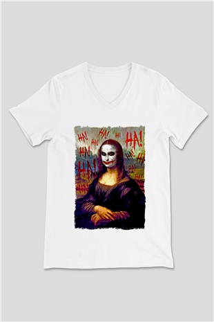 Mona Lisa Beyaz Unisex V Yaka Tişört