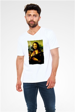 Mona Lisa Beyaz Unisex V Yaka Tişört