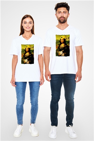 Mona Lisa Beyaz Unisex V Yaka Tişört