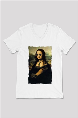 Mona Lisa Beyaz Unisex V Yaka Tişört