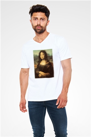 Mona Lisa Beyaz Unisex V Yaka Tişört T-Shirt