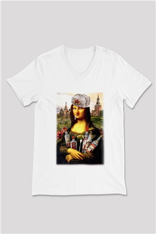 Mona Lisa Beyaz Unisex V Yaka Tişört T-Shirt