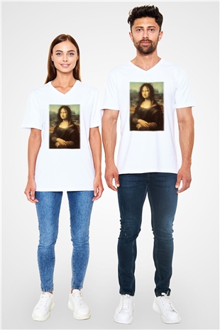 Mona Lisa Beyaz Unisex V Yaka Tişört T-Shirt