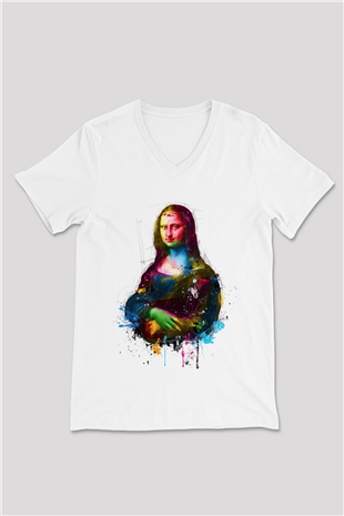 Mona Lisa Beyaz Unisex V Yaka Tişört T-Shirt
