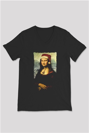 Mona Lisa Siyah Unisex V Yaka Tişört