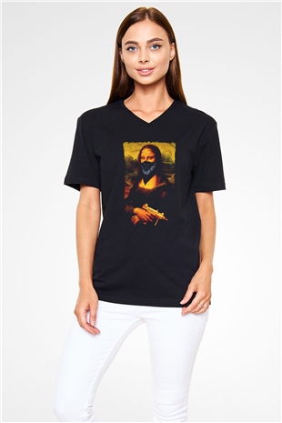 Mona Lisa Siyah Unisex V Yaka Tişört