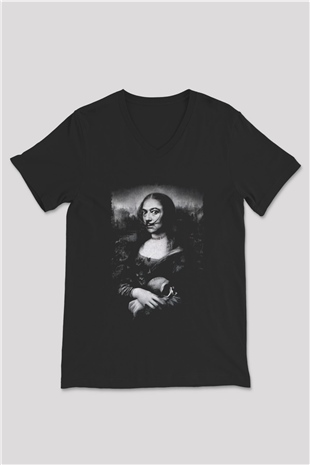 Mona Lisa Siyah Unisex V Yaka Tişört