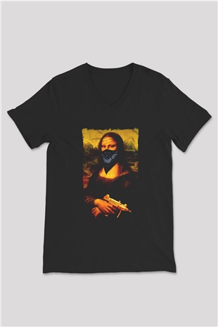 Mona Lisa Siyah Unisex V Yaka Tişört