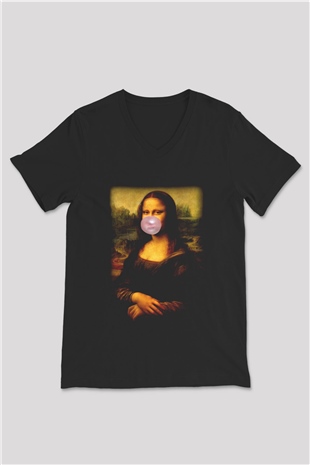 Mona Lisa Siyah Unisex V Yaka Tişört T-Shirt