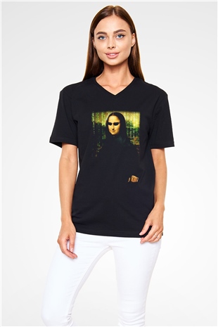 Mona Lisa Siyah Unisex V Yaka Tişört T-Shirt