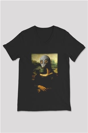 Mona Lisa Siyah Unisex V Yaka Tişört T-Shirt