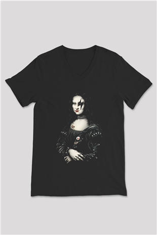 Mona Lisa Siyah Unisex V Yaka Tişört T-Shirt