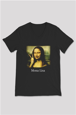 Mona Lisa Siyah Unisex V Yaka Tişört T-Shirt