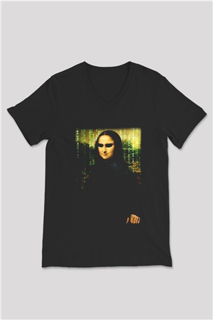 Mona Lisa Siyah Unisex V Yaka Tişört T-Shirt