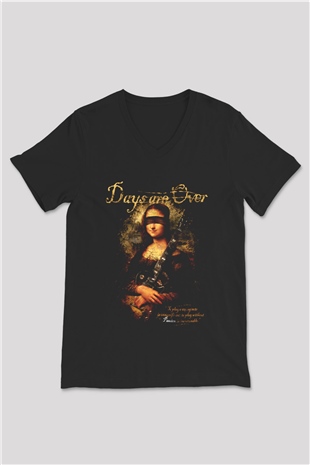 Mona Lisa Siyah Unisex V Yaka Tişört T-Shirt