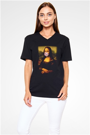 Mona Lisa Siyah Unisex V Yaka Tişört T-Shirt