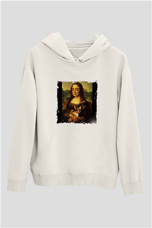 Mona Lisa Unisex Baskılı Beyaz Kapüşonlu Sweatshirt