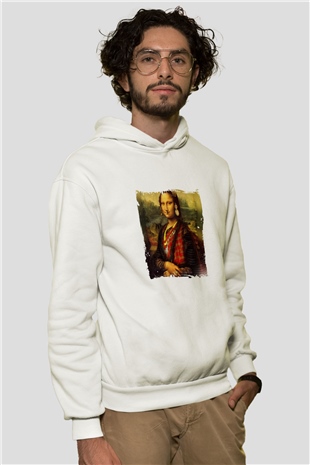 Mona Lisa Unisex Baskılı Beyaz Kapüşonlu Sweatshirt