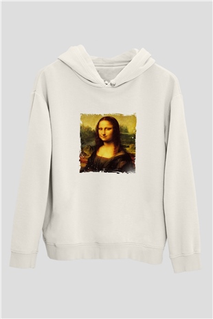 Mona Lisa Unisex Baskılı Beyaz Kapüşonlu Sweatshirt