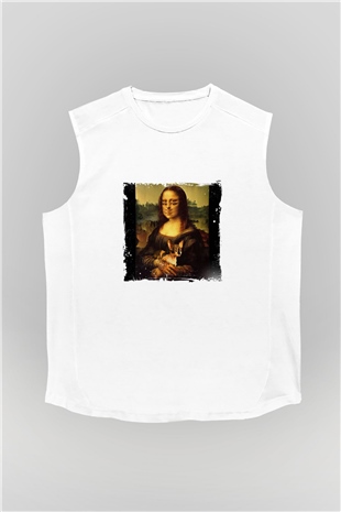 Mona Lisa Unisex Baskılı Beyaz Kolsuz Tişört