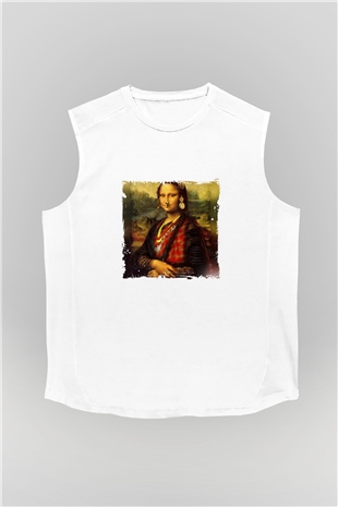 Mona Lisa Unisex Baskılı Beyaz Kolsuz Tişört