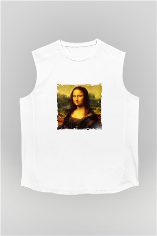 Mona Lisa Unisex Baskılı Beyaz Kolsuz Tişört