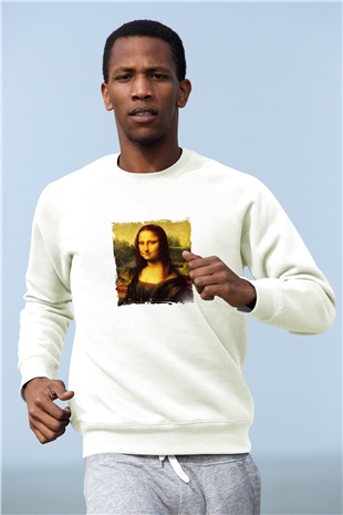 Mona Lisa Unisex Baskılı Beyaz Sweatshirt