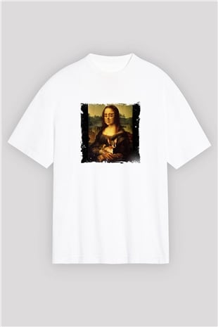 Mona Lisa Oversize Baskılı Beyaz Tişört